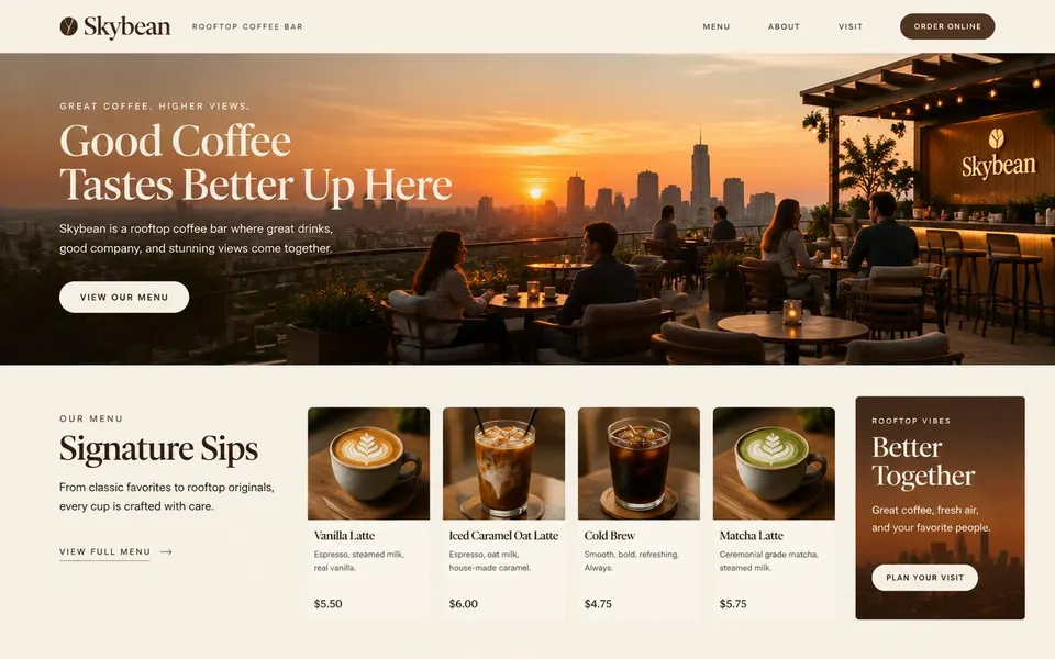 Rooftop coffee bar website built with Krazy